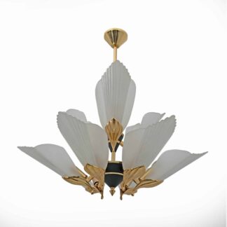 Nine-light Chandelier Brass and Acid-etched Glass by F. Fabbian, 1980s