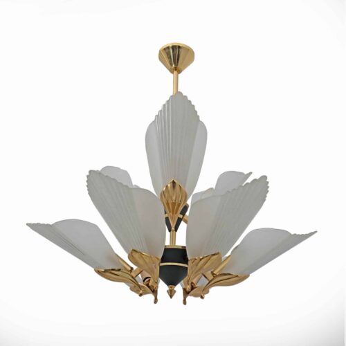 Nine-light Chandelier Brass and Acid-etched Glass by F. Fabbian, 1980s