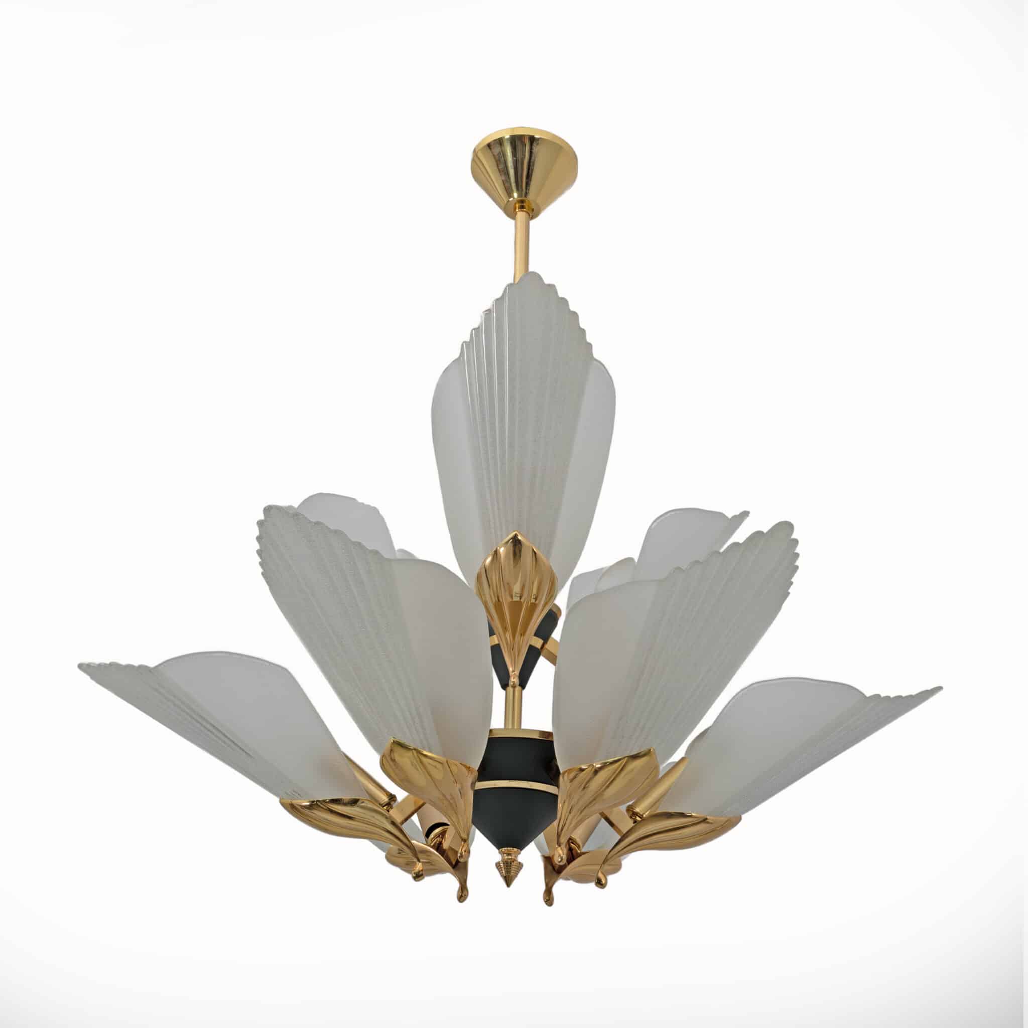 Nine-light Chandelier Brass and Acid-etched Glass by F. Fabbian, 1980s