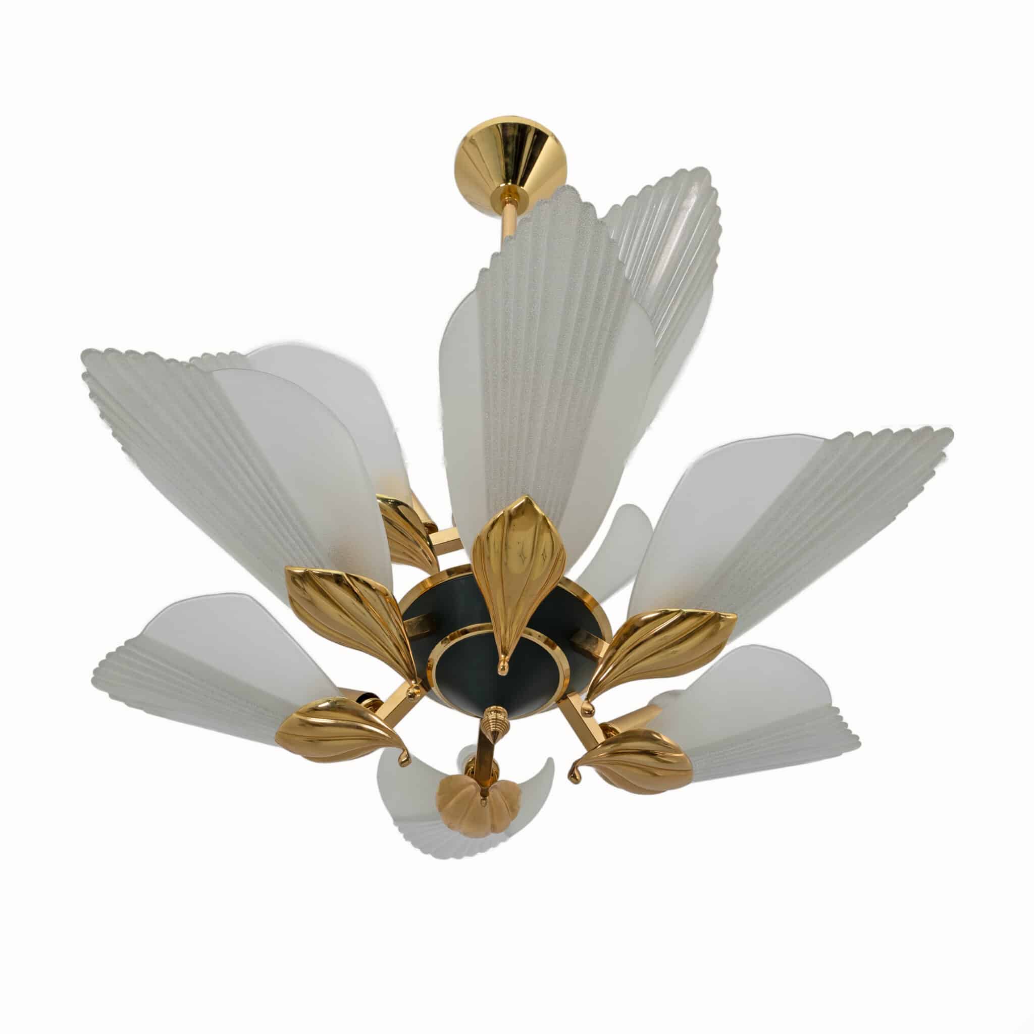 Nine-light Chandelier Brass and Acid-etched Glass by F. Fabbian, 1980s