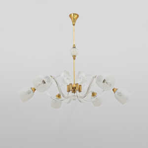 Ercole Barovier Art Dèco Italian Murano Glass and Brass Chandelier, 1935s