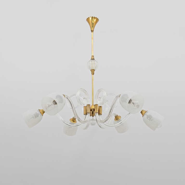 Ercole Barovier Art Dèco Italian Murano Glass and Brass Chandelier, 1935s