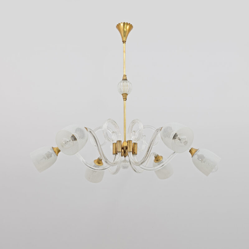 Ercole Barovier Art Dèco Italian Murano Glass and Brass Chandelier, 1935s