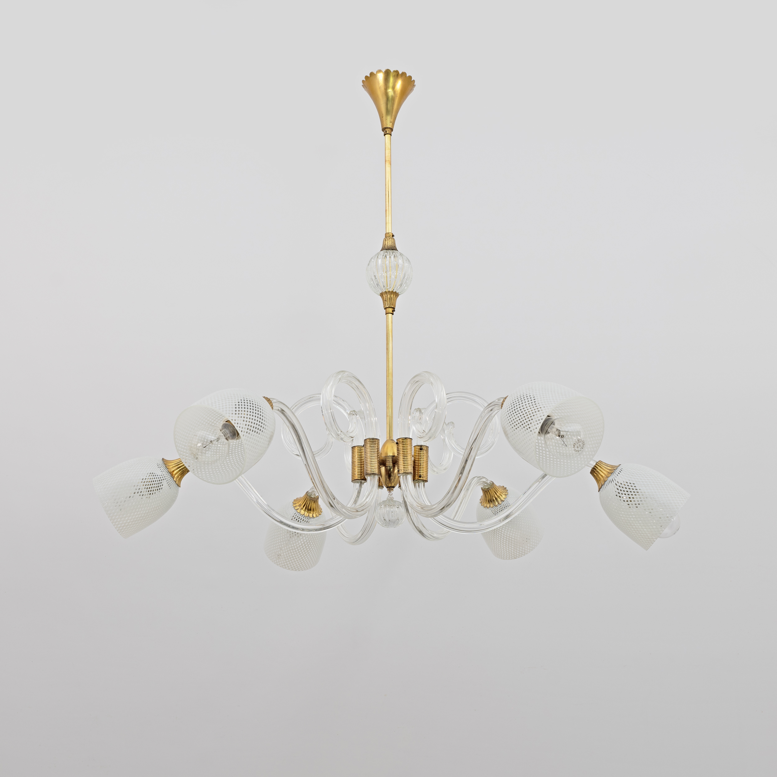 Ercole Barovier Art Dèco Italian Murano Glass and Brass Chandelier, 1935s