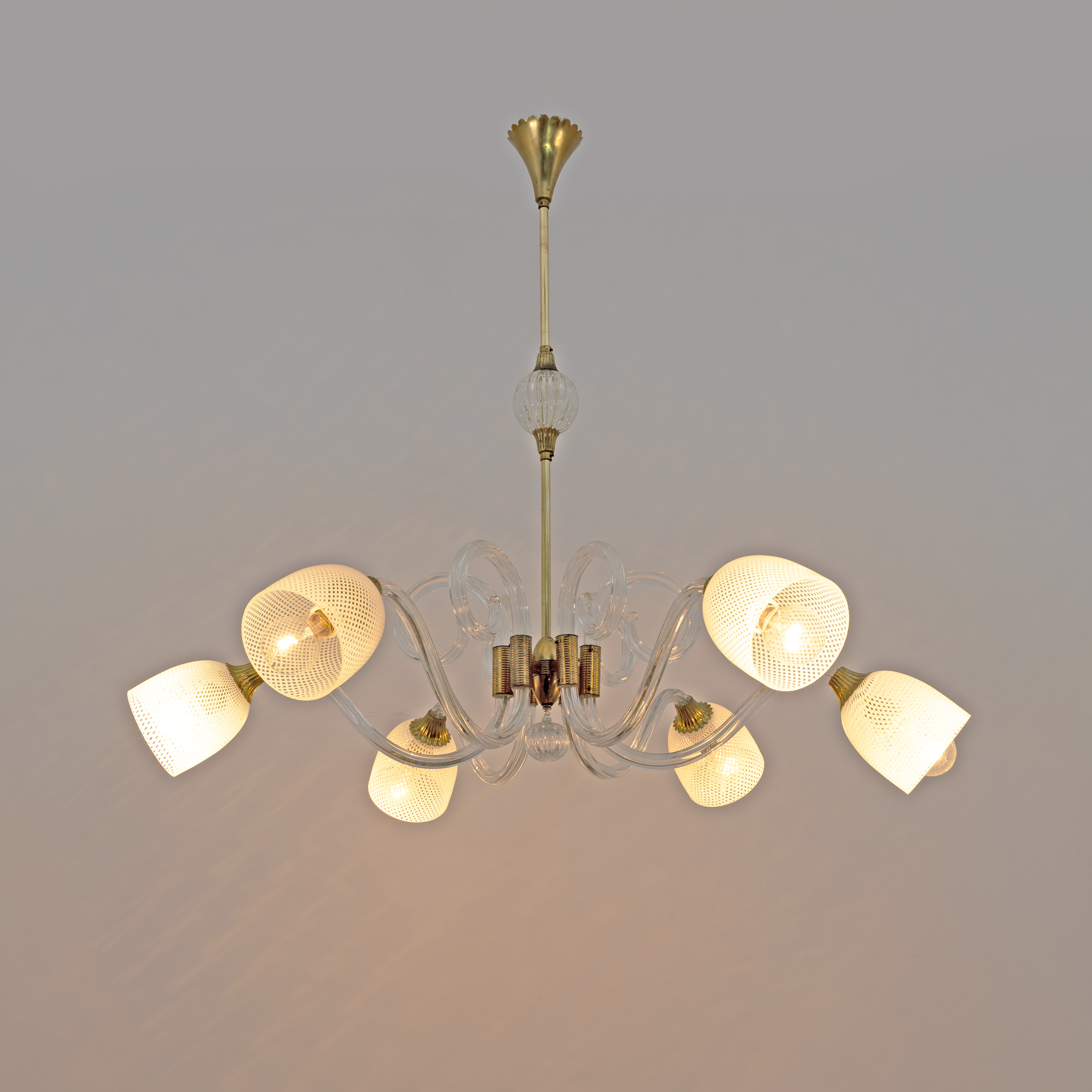 Ercole Barovier Art Dèco Italian Murano Glass and Brass Chandelier, 1935s