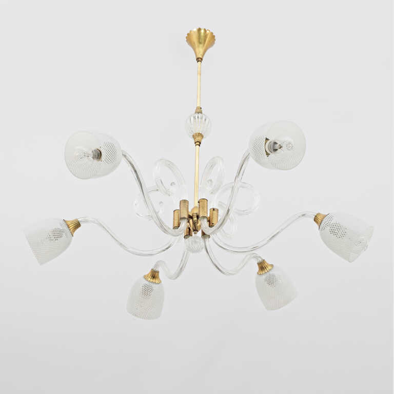 Ercole Barovier Art Dèco Italian Murano Glass and Brass Chandelier, 1935s - Image 7