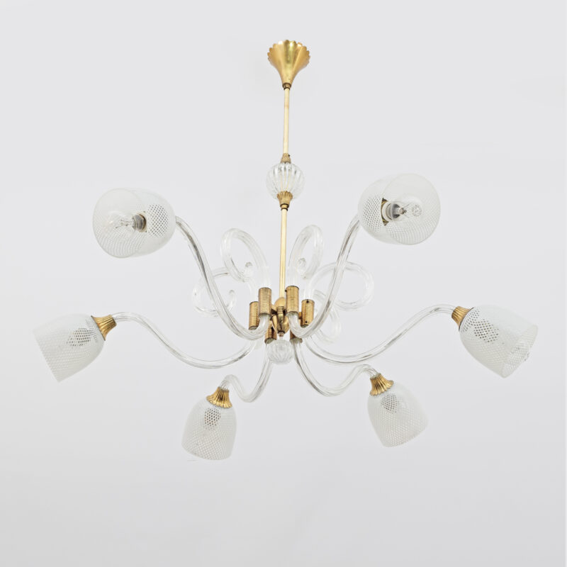 Ercole Barovier Art Dèco Italian Murano Glass and Brass Chandelier, 1935s