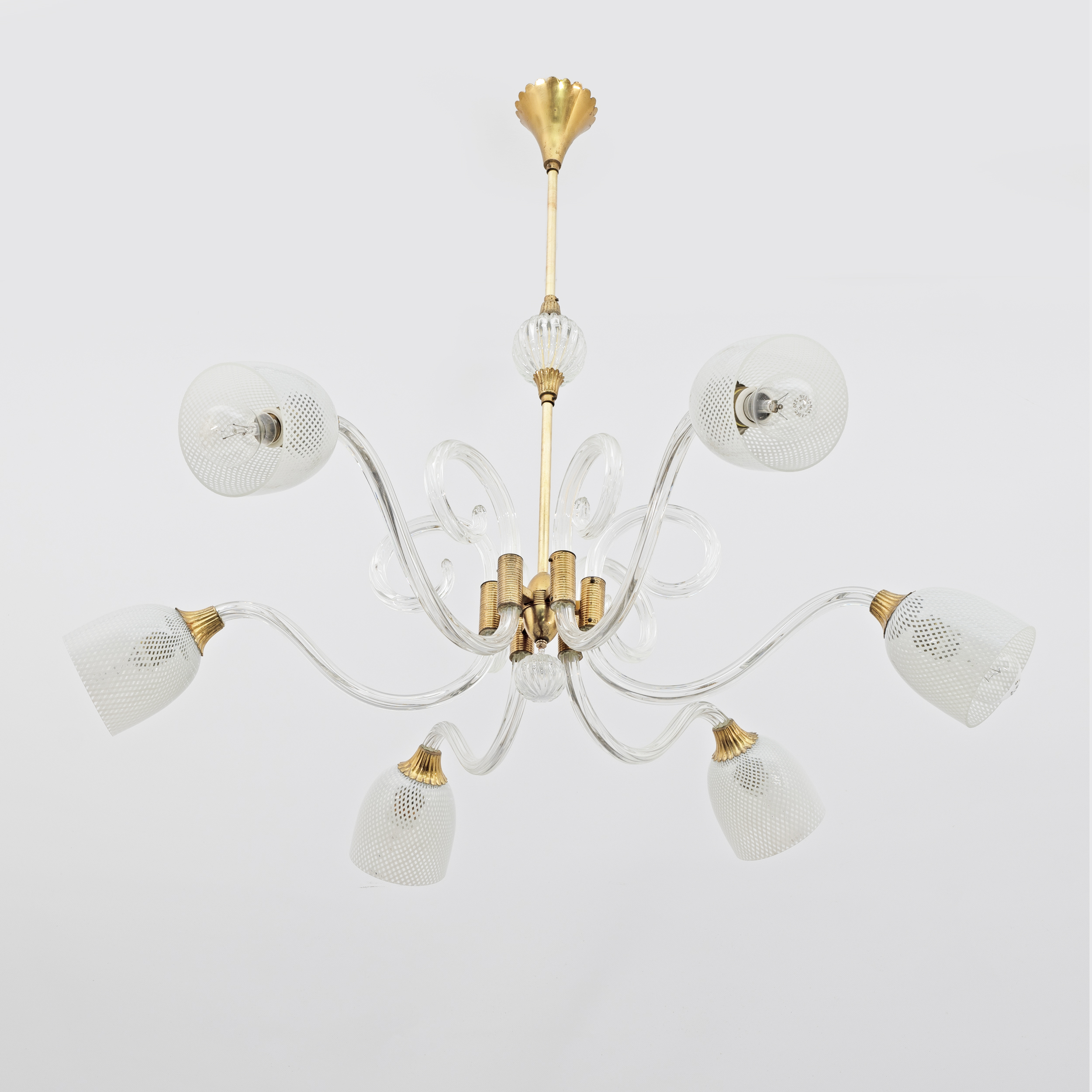 Ercole Barovier Art Dèco Italian Murano Glass and Brass Chandelier, 1935s