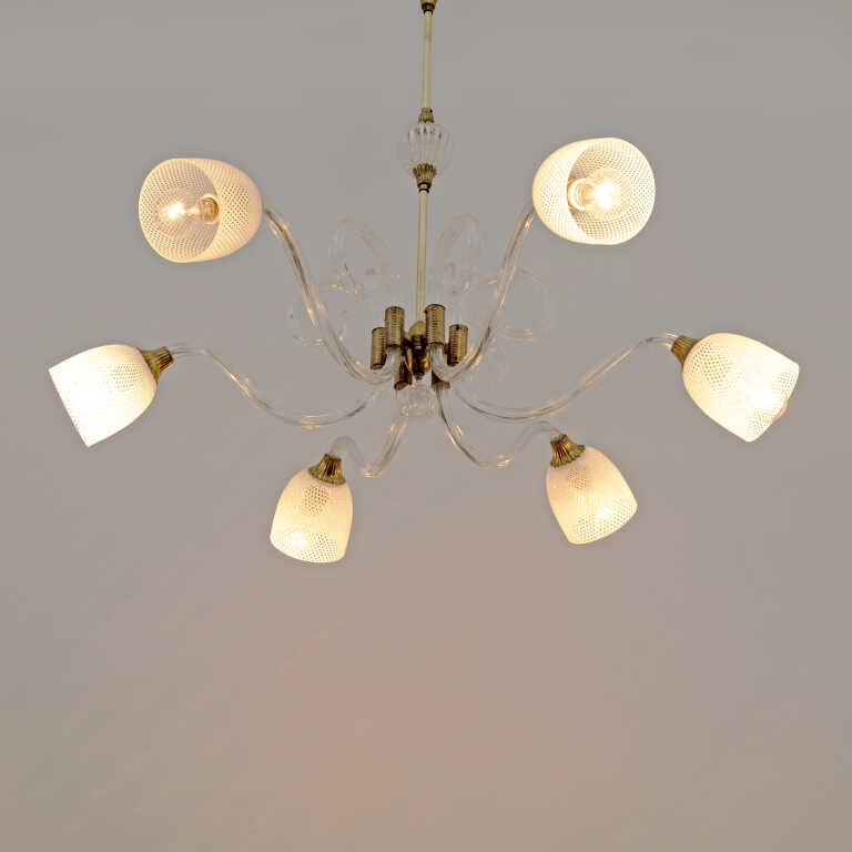 Ercole Barovier Art Dèco Italian Murano Glass and Brass Chandelier, 1935s - Image 4
