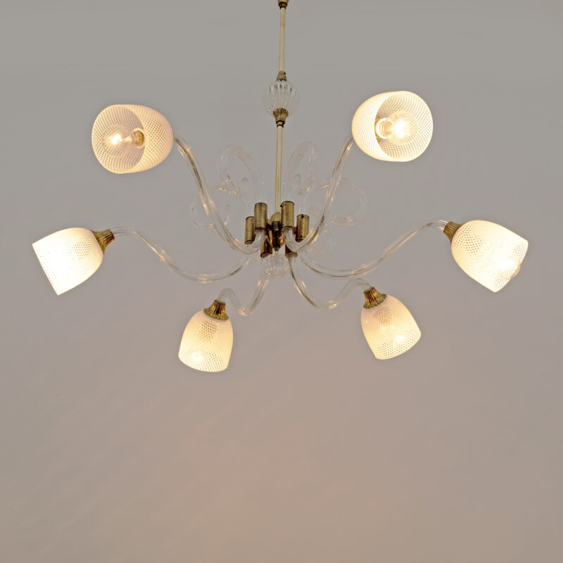 Ercole Barovier Art Dèco Italian Murano Glass and Brass Chandelier, 1935s