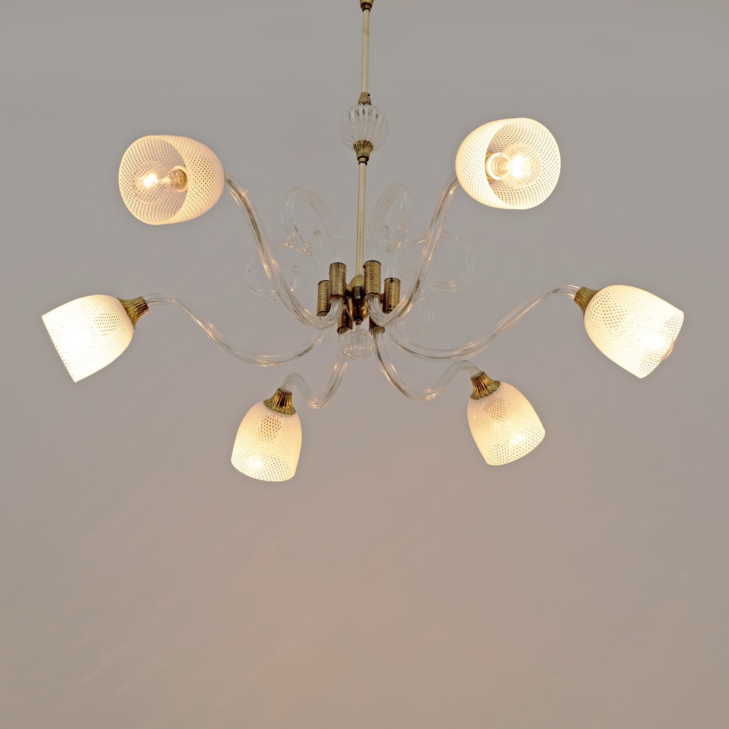 Ercole Barovier Art Dèco Italian Murano Glass and Brass Chandelier, 1935s