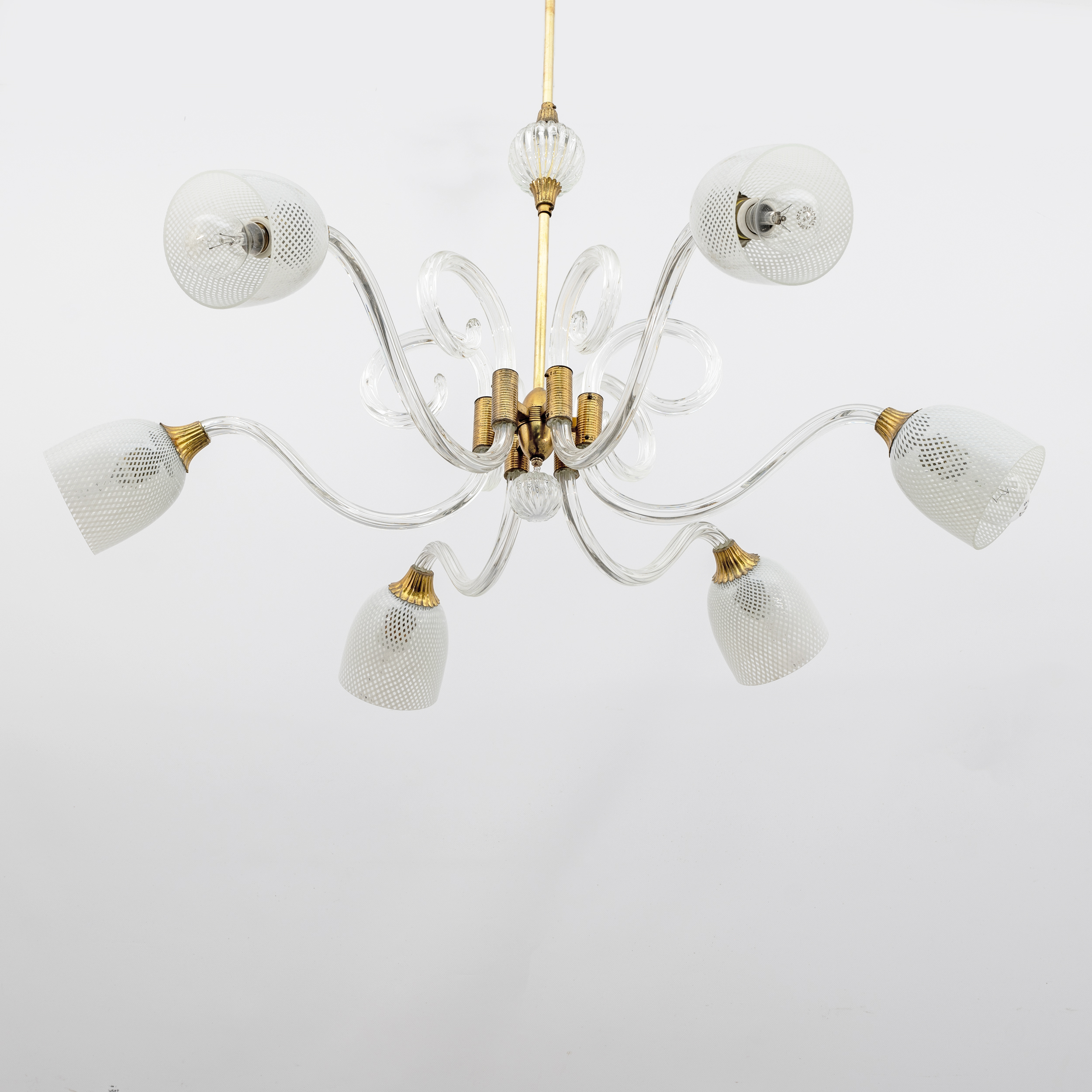 Ercole Barovier Art Dèco Italian Murano Glass and Brass Chandelier, 1935s