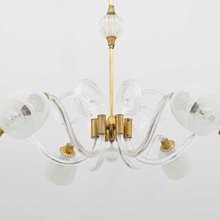 Ercole Barovier Art Dèco Italian Murano Glass and Brass Chandelier, 1935s - Image 6