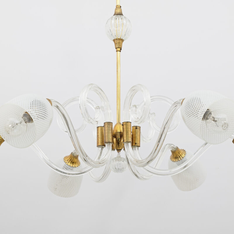 Ercole Barovier Art Dèco Italian Murano Glass and Brass Chandelier, 1935s