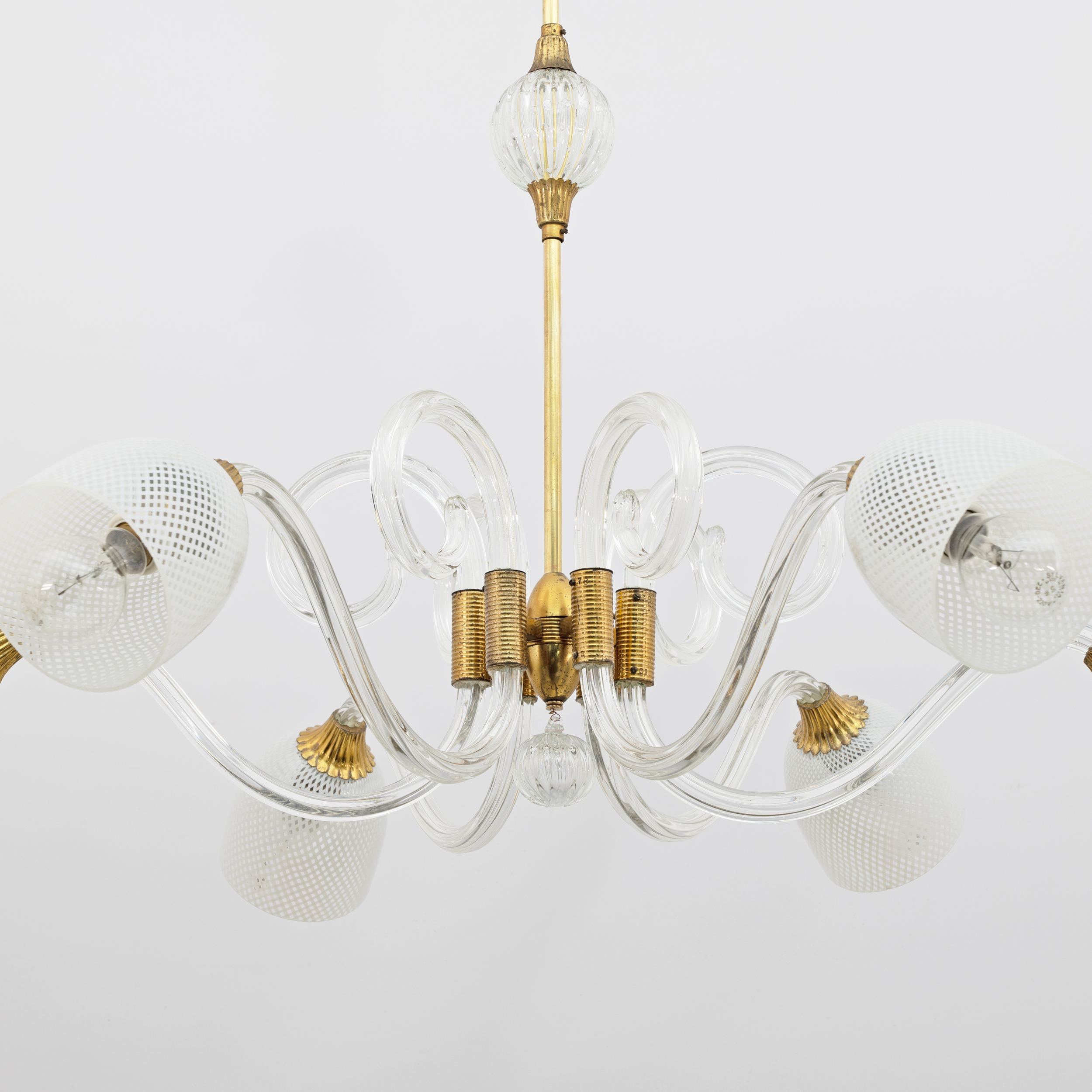 Ercole Barovier Art Dèco Italian Murano Glass and Brass Chandelier, 1935s