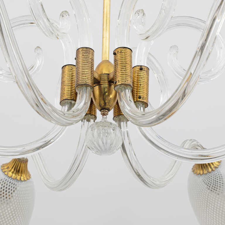 Ercole Barovier Art Dèco Italian Murano Glass and Brass Chandelier, 1935s - Image 8