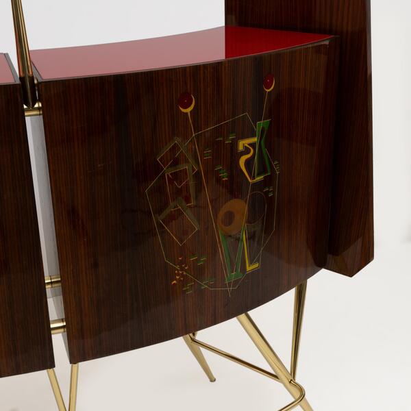 Mid-Century Modern Brass and Walnut Bar Cabinet with 2 Stools, Italy, 1950s
