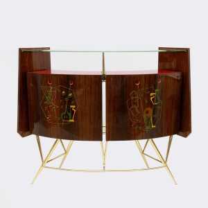 Mid-Century Modern Brass and Walnut Bar Cabinet with 2 Stools, Italy, 1950s