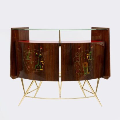 Mid-Century Modern Brass and Walnut Bar Cabinet with 2 Stools, Italy, 1950s - Image 9