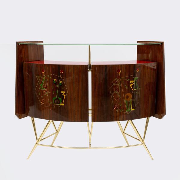 Mid-Century Modern Brass and Walnut Bar Cabinet with 2 Stools, Italy, 1950s