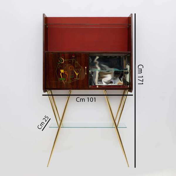 Mid-Century Modern Brass and Walnut Bar Cabinet with 2 Stools, Italy, 1950s