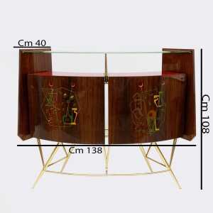 Mid-Century Modern Brass and Walnut Bar Cabinet with 2 Stools, Italy, 1950s