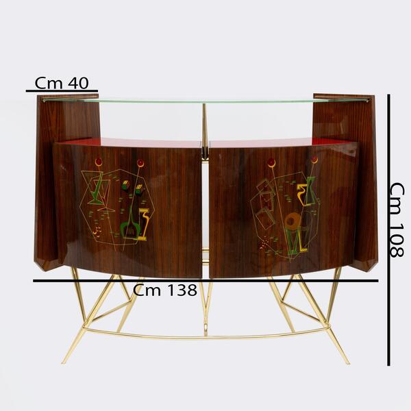 Mid-Century Modern Brass and Walnut Bar Cabinet with 2 Stools, Italy, 1950s