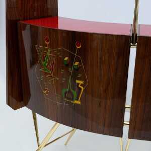 Mid-Century Modern Brass and Walnut Bar Cabinet with 2 Stools, Italy, 1950s
