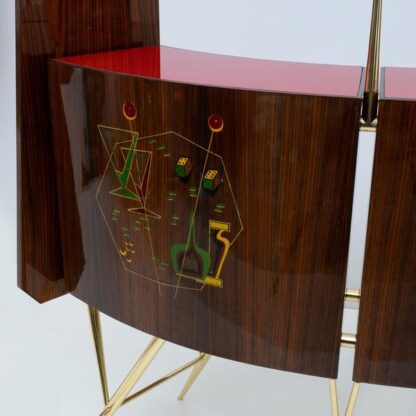 Mid-Century Modern Brass and Walnut Bar Cabinet with 2 Stools, Italy, 1950s - Image 12