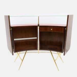 Mid-Century Modern Brass and Walnut Bar Cabinet with 2 Stools, Italy, 1950s