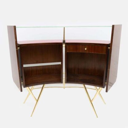 Mid-Century Modern Brass and Walnut Bar Cabinet with 2 Stools, Italy, 1950s - Image 13