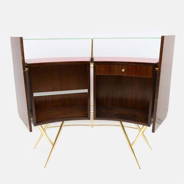 Mid-Century Modern Brass and Walnut Bar Cabinet with 2 Stools, Italy, 1950s