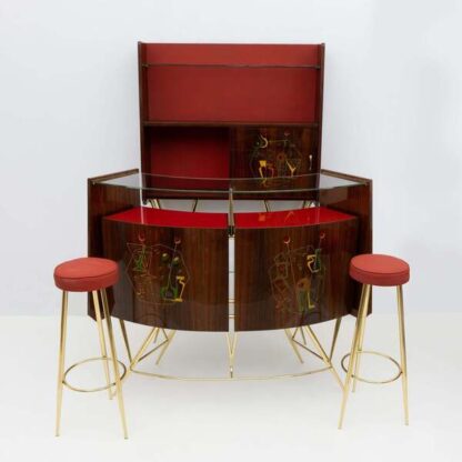Mid-Century Modern Brass and Walnut Bar Cabinet with 2 Stools, Italy, 1950s - Image 2