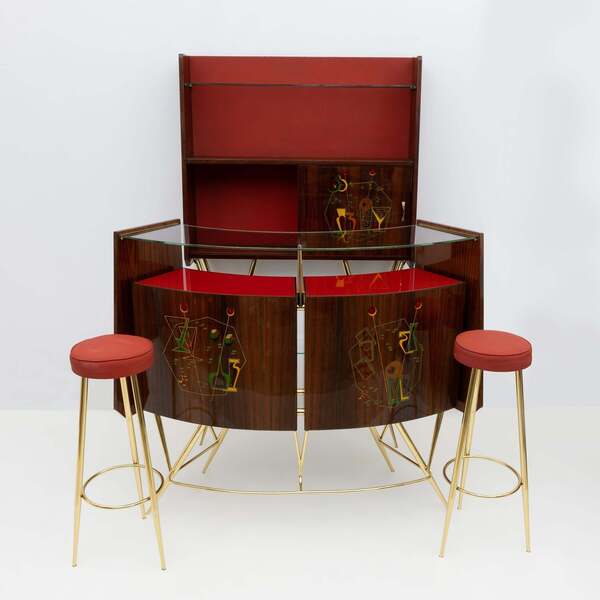 Mid-Century Modern Brass and Walnut Bar Cabinet with 2 Stools, Italy, 1950s