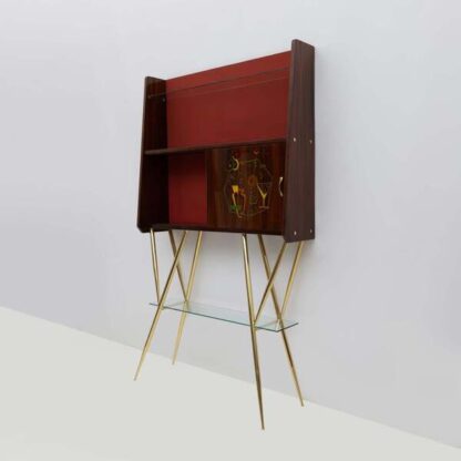 Mid-Century Modern Brass and Walnut Bar Cabinet with 2 Stools, Italy, 1950s - Image 5