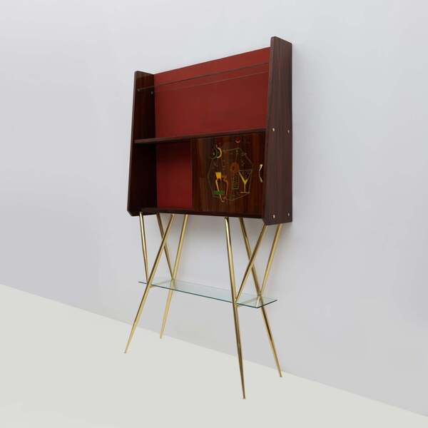 Mid-Century Modern Brass and Walnut Bar Cabinet with 2 Stools, Italy, 1950s