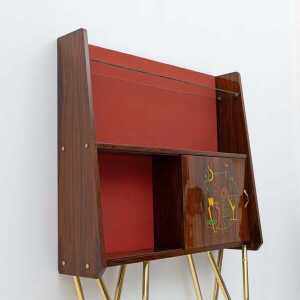Mid-Century Modern Brass and Walnut Bar Cabinet with 2 Stools, Italy, 1950s