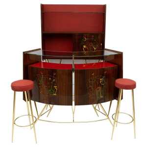 Mid-Century Modern Brass and Walnut Bar Cabinet with 2 Stools, Italy, 1950s