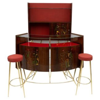 Mid-Century Modern Brass and Walnut Bar Cabinet with 2 Stools, Italy, 1950s