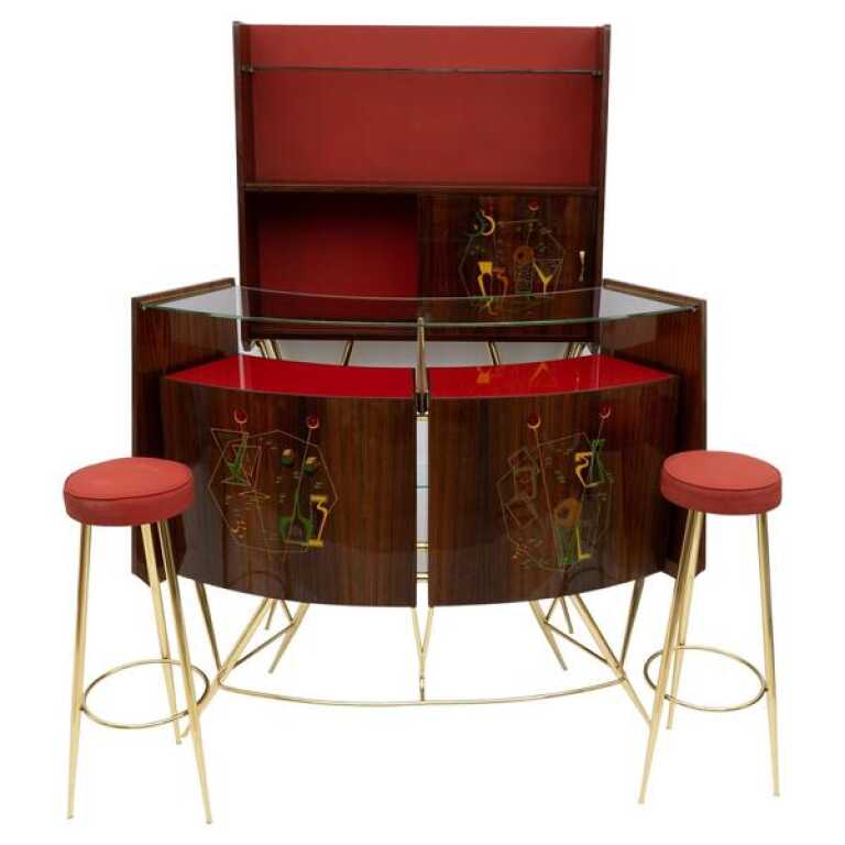 Mid-Century Modern Brass and Walnut Bar Cabinet with 2 Stools, Italy, 1950s