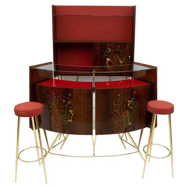 Mid-Century Modern Brass and Walnut Bar Cabinet with 2 Stools, Italy, 1950s