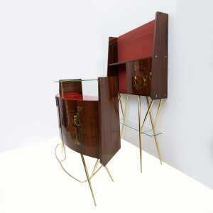 Mid-Century Modern Brass and Walnut Bar Cabinet with 2 Stools, Italy, 1950s