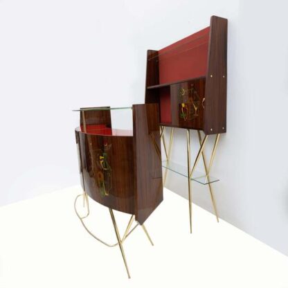 Mid-Century Modern Brass and Walnut Bar Cabinet with 2 Stools, Italy, 1950s - Image 8