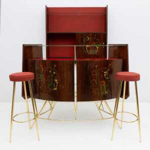 Mid-Century Modern Brass and Walnut Bar Cabinet with 2 Stools, Italy, 1950s