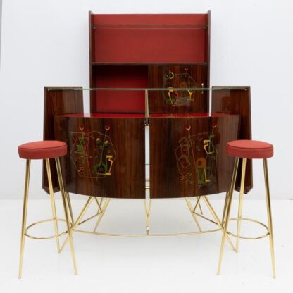 Mid-Century Modern Brass and Walnut Bar Cabinet with 2 Stools, Italy, 1950s - Image 3