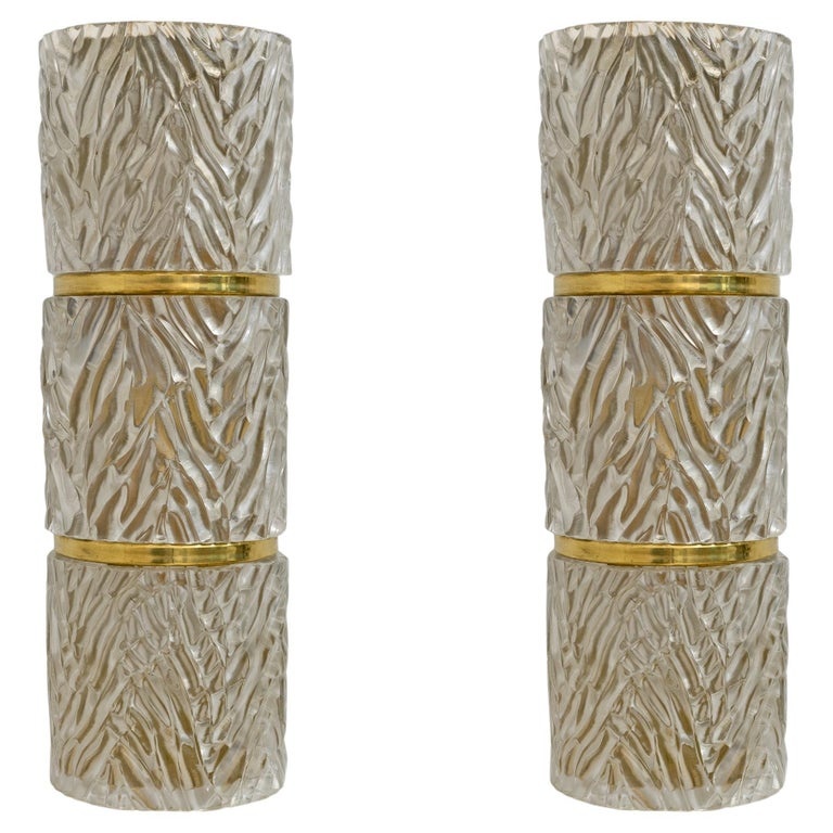 Pair of Modern Italian Brass and Murano Glass Textured Wall Sconces