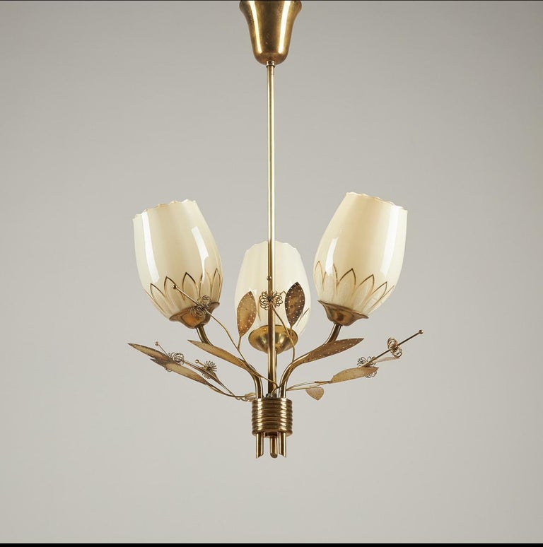 Brass and Glass Chandelier, Attributed to Paavo Tynell for Itsu, Finland, 1950