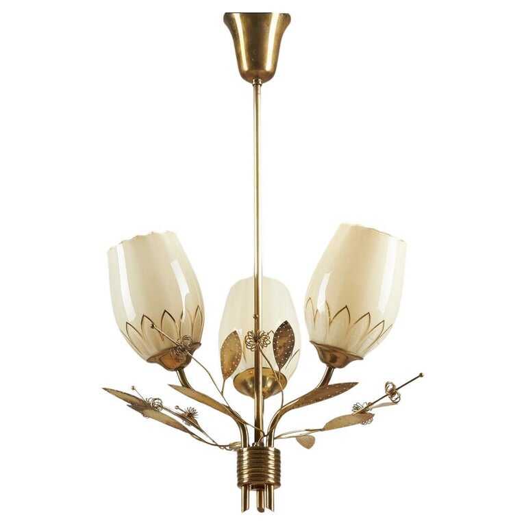 Brass and Glass Chandelier, Attributed to Paavo Tynell for Itsu, Finland, 1950