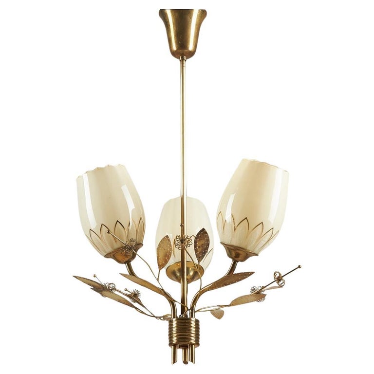 Brass and Glass Chandelier, Attributed to Paavo Tynell for Itsu, Finland, 1950