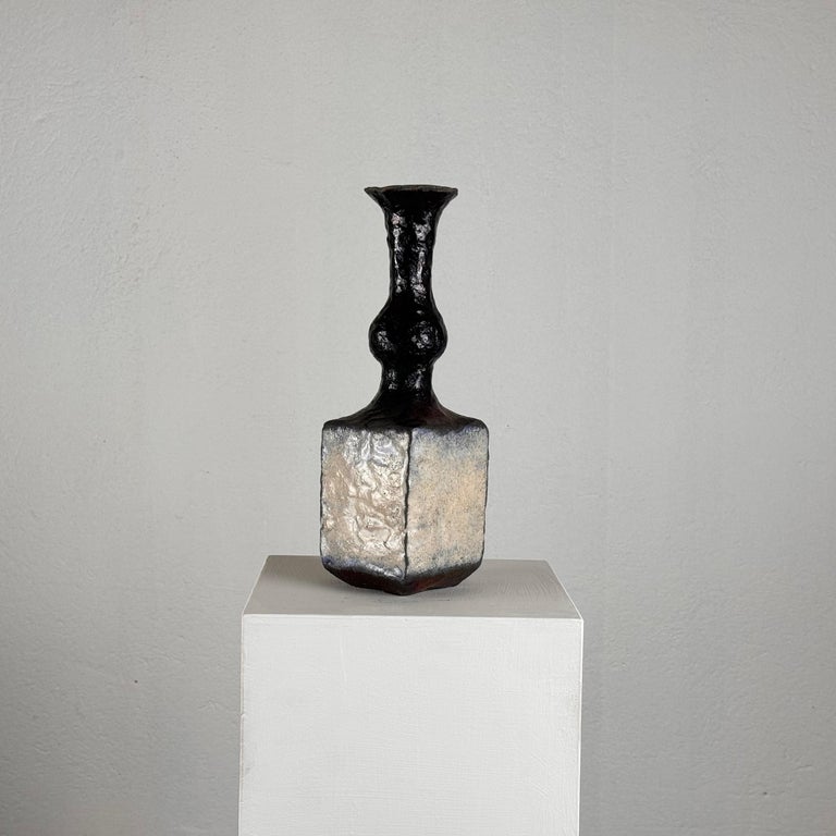 Brutalist Single-Stem Raku Ceramic Vase, 1970s, Italy